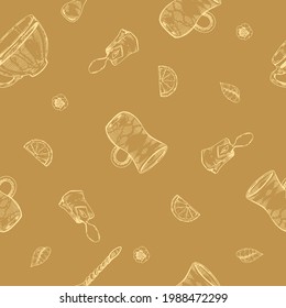 Detailed hand-drawn seamless pattern tea leaves and dishes, vector illustration.