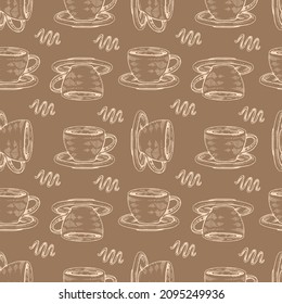 Detailed hand-drawn sketch coffee cups on the brown background, vector ilustration.