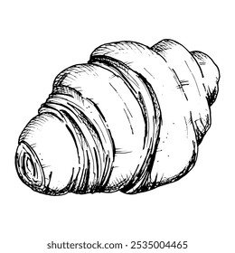 Un boceto detallado dibujado a mano de un croissant. Vector ilustración en blanco y negro de un pastel francés en capas. Perfecto para panadería, desayuno o diseños relacionados con alimentos y conceptos de embalaje.