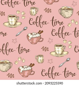 Detailed hand-drawn sketch different coffee cups and desserts on the pink background, vector illustration.
