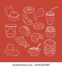 A detailed hand-drawn sketch featuring an assortment of popular fast food items. The illustration includes iconic items like a juicy burger with layers of cheese, lettuce, and tomato.