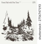 A detailed hand-drawn sketch of a forest path winding through tall pine trees with a rocky stream and scattered boulders in the foreground, rendered in expressive vintage engraving style with rich linework.