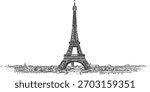 A detailed, hand-drawn sketch of the iconic Eiffel Tower, standing tall amidst a charming Parisian cityscape.