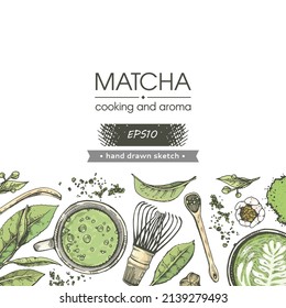 Detailed hand-drawn sketch matcha cooking and aroma, vector illustration.
