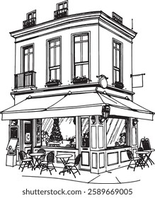 Detailed мусещк hand-drawn sketch of a Parisian corner café with an elegant façade, large windows, and charming outdoor seating. The illustration captures the essence of European street life.