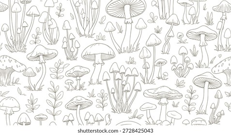 Padrão de esboço detalhado desenhado à mão mostrando várias espécies de cogumelos e plantas selvagens em um estilo de ilustração vintage monocromático rústico.