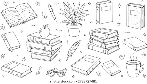 A detailed hand-drawn sketch set featuring various books, an open book, stacked books with an apple, a pen, a feather, eyeglasses, a potted plant, and a cup of tea, all in a doodle style.
