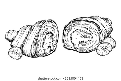 Una Ilustración vectorial detallada dibujada a mano de un croissant cortado por la mitad con avellanas. Boceto en blanco y negro que muestra las capas escamosas de la masa y las nueces. Perfecto para panadería, comida, diseños culinarios