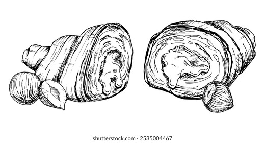 Una detallada Ilustración vectorial de croissants con avellanas dibujada a mano. Boceto en blanco y negro que muestra la textura escamosa y el relleno de nueces. Ideal para panadería, envasado de alimentos, proyectos de diseño culinario