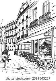 A detailed hand-drawn vector illustration of a Parisian café on a charming European street. The artwork features elegant French architecture, outdoor seating, and a cozy atmosphere.