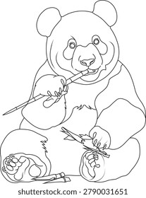A detailed hand-drawn vector line art illustration of a cute giant panda holding a paintbrush and painting, perfect for kids coloring books, creative school projects, and clip art.