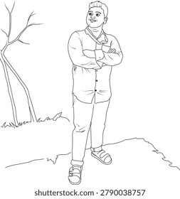 A detailed hand-drawn vector line art illustration of a confident young man standing with arms crossed next to a tree, perfect for coloring pages, lifestyle designs, and creative clip art.