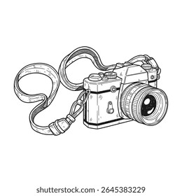 Câmera vintage desenhada à mão detalhada com alça suspensa - Ilustração de vetor