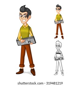 Detailed Happy Boy Geek Mascot Cartoon Character Holding a Computer Keyboard with Guitarist Style Include with Flat Design and Outlined Version Vector Illustration
