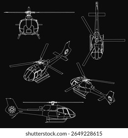 Detailed helicopter blueprints arranged in a row on a black background, showcasing distinct designs and features. Each model displays clear rotor blades, fuselage structure, and landing gear.