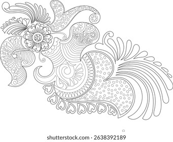 Detailed Henna Design Outline, Intricate black and white line art drawing of a traditional Indian henna or mehndi pattern. Features floral elements, paisley shapes, swirls, and ornamental details.