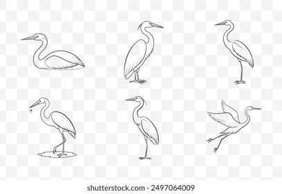 Detailliertes Heron Line Art Vector Set von anmutigen Watvögeln in verschiedenen Posen für künstlerische und gestalterische Projekte