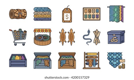 A detailed high-angle view of multiple processed snake skins and molted reptile hides organized for commercial sale. The image showcases the intricate textures and unique scale patterns of exotic species like pythons, suitable for luxury leather goods, fashion accessories, and craft projects.