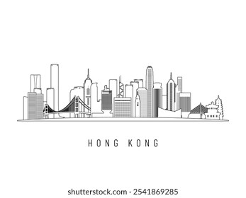 Ilustración vectorial detallada del horizonte de Hong Kong. Edificios de Hong Kong en estilo de arte de línea, perfectos para diseños modernos.