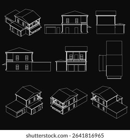 Detailed house blueprints on a black background, showcasing front elevations of different architectural styles. The set includes modern, traditional, and cottage designs with clean lines and.