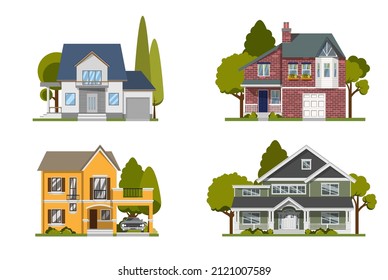 detailed house pack. set of detailed house. house buildings set. house, mansion, villas. flat style. Isolated background. vector illustration. exteriors