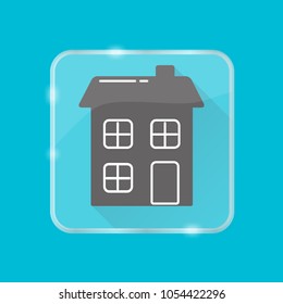 Detailed house silhouette icon with long shadow in flat style on transparent button. Building symbol isolated.