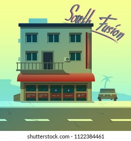 Detailed house-market in south town and car nearby