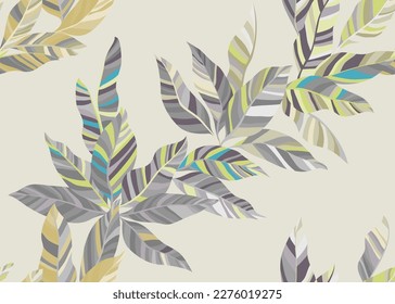 Detailed houseplant leaves repeat pattern vector. Artistic floral spring fashion textile print. Paradise shrub branch leafage endless pattern. Stripes texture plant leaves.