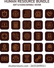 Conjunto de iconos de recursos humanos detallados que muestran varios aspectos de negocios y administración con Vector editable de interfaz de usuario suave