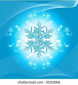 Detailed ice snowflake on a blue floral background