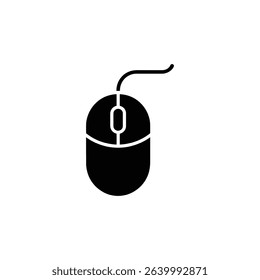 A detailed icon illustrating a classic black computer mouse with a wired connection, isolated against a white background, suitable for technology-related projects.