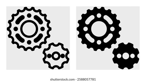 Detailed icon of interlocking cogwheels, representing mechanical movement and precision. Suitable for engineering, industrial, or automotive-themed projects, including branding and web design.  