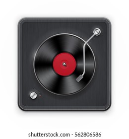 Detailed icon of the retro vinil record player with dark case. Vector illustration