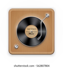 Detailed icon of the retro vinil record player with wooden case. Vector illustration