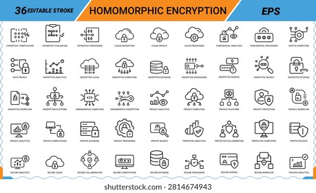 Detailed icon set for advanced cryptographic solutions and protected digital computing services.