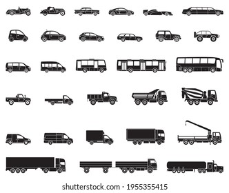 Iconos detallados de automóviles, autobuses y camiones de diversos tipos