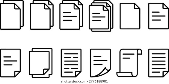 A detailed icons collection featuring various paper file arrangements and document styles for corporate data organization and business administration.