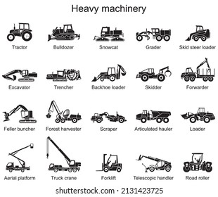 Detailed icons of heavy machinery. Vector illustration