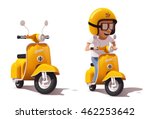 Detailed icons representing yellow retro scooter and scooter driver in helmet