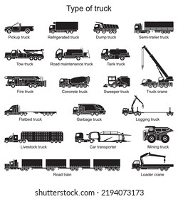 Detailed icons of truck of different types. Vector illustration