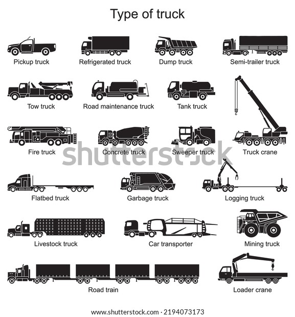 Detailed icons of truck of different types.\
Vector illustration
