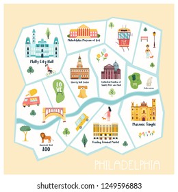 Detailed illustrated map of Philadelphia city with landmarks, famous destinations, elements.