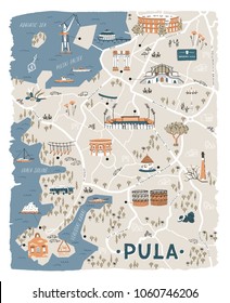 Detailed illustrated map of Pula, Croatia. Includes main touristic attractions and famous local foods. Vector image.