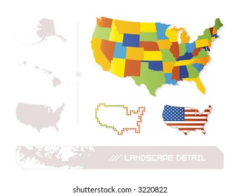 Detailed Illustration Of 50 Separable US States + A Pixel And A Flag Version Of USA.