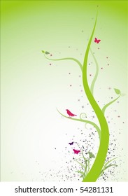 A detailed illustration of an abstract tree with a bird and butterflies.