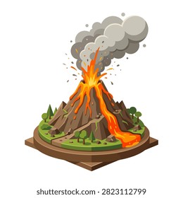 A detailed illustration of an active volcano erupting with molten lava flowing down its slopes and smoke billowing into the sky.