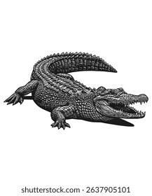 A detailed illustration of an alligator, showcasing its scales and teeth