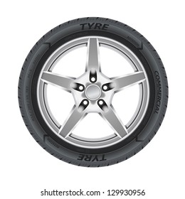 Detailed illustration of alloy car wheel with a tire.