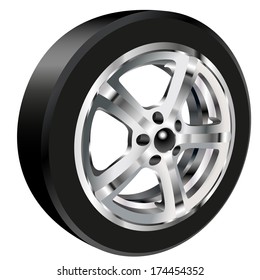 Detailed illustration of alloy car wheel with a tire. Gradient mash