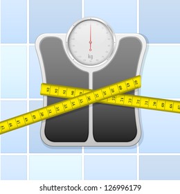 detailed illustration of an analog bathroom scale wrapped in measure tape, eps 10